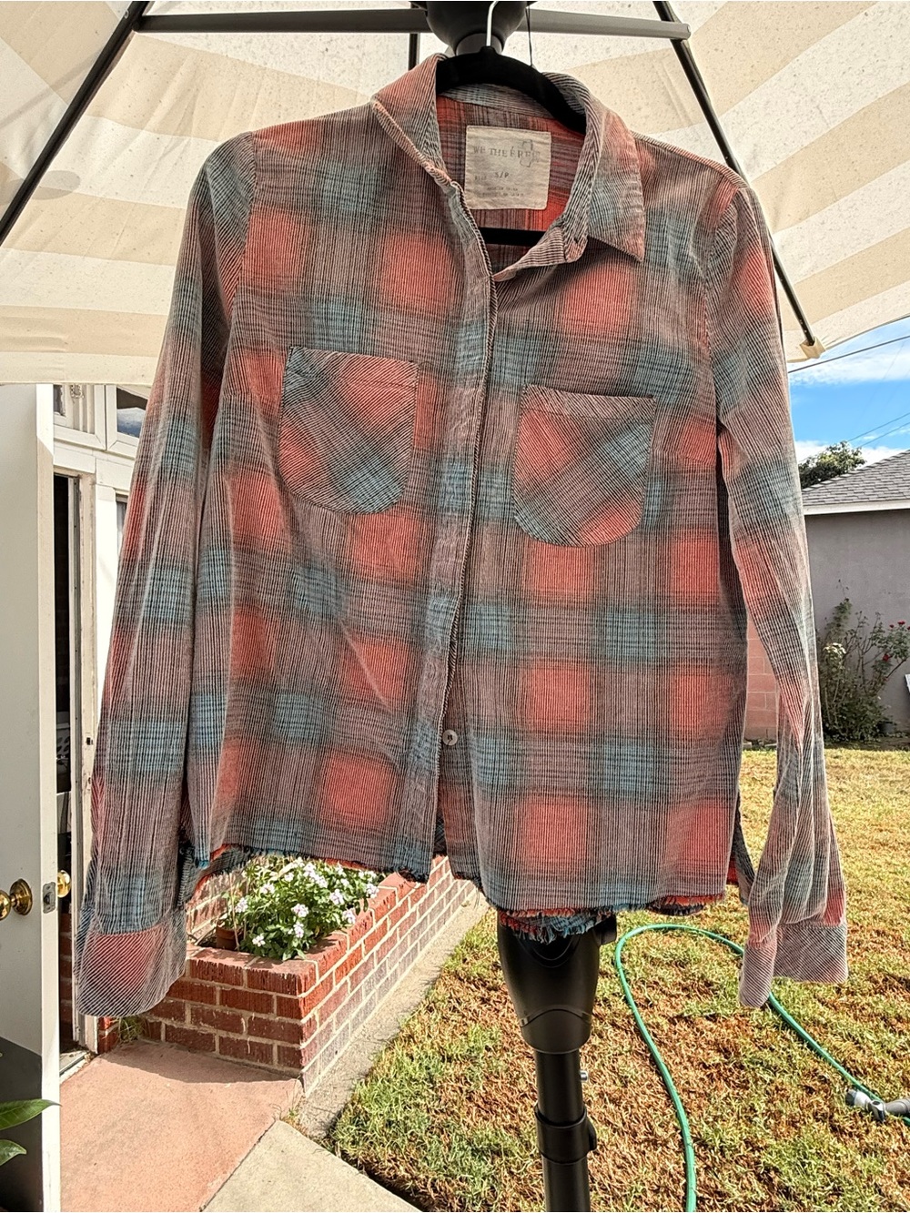 We The Free Coral and Teal Plaid Button-Down Shirt